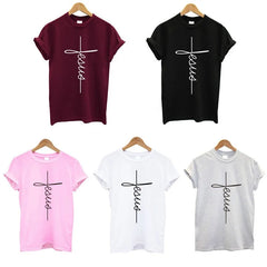 Christian Cross Print Tops Female T Shirt